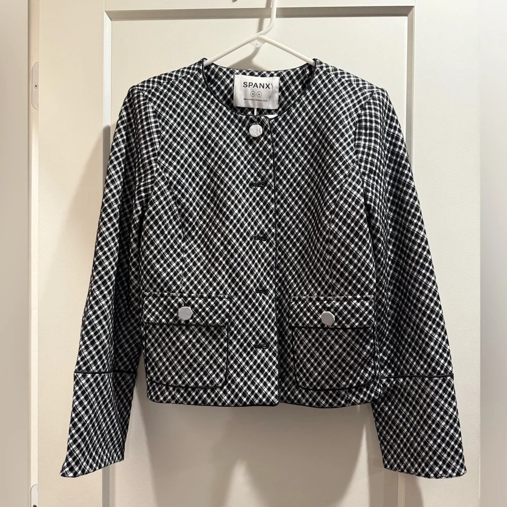 SPANX Ponte Elegant Lady Blazer‎ Jacket Stretch Jacquard Black Plaid Size Medium